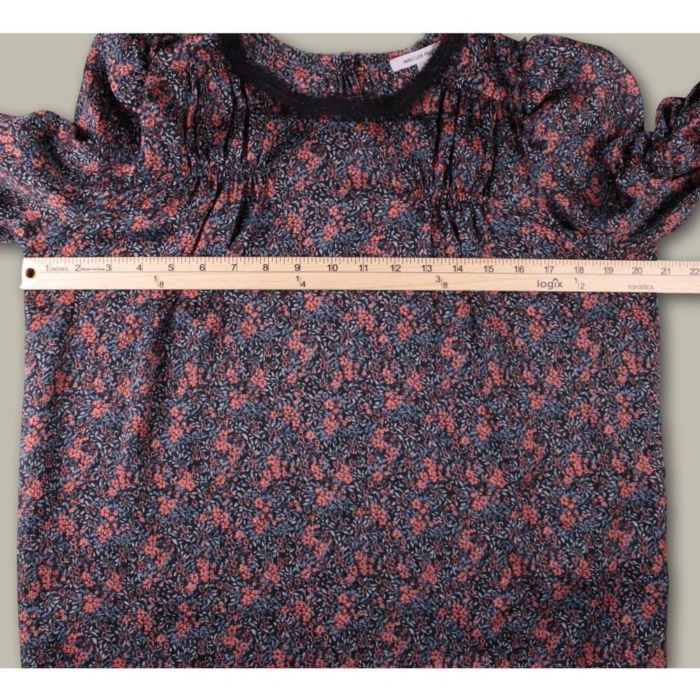 Avec Les Filles Floral Lace Trim Ruched Sleeve Blouse M Navy Coral Boho Chic Top - Picture 8 of 9